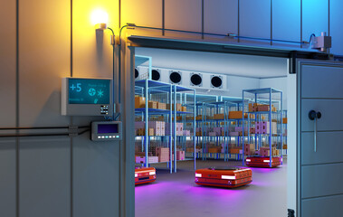 Poster - Cooling chamber. Robotized industrial enterprise. Automatic trolley in cooling chamber. Industrial refractory interior. Cooling chamber with racks and robots. Robotization of storage process. 3d image