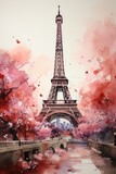 Fototapeta Paryż - Watercolor Eiffel Tower and cherry blossom trees. Spring in Paris. Generative AI