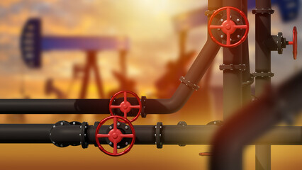 Oil pipes at sunset. Pipeline at field. Oil pumps are covered. Black pipes for transporting petroleum. Energy industry. Extraction and transportation crude oil. Extraction of hydrocarbons. 3d image