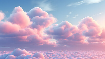 Wall Mural - Beautiful aerial view above pink clouds at sunset in barbie world. 3d rendering illustration