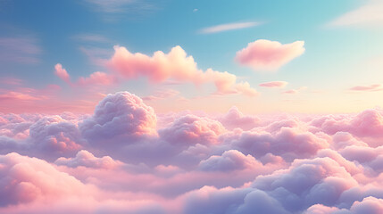 Beautiful aerial view above pink clouds at sunset in barbie world. 3d rendering illustration