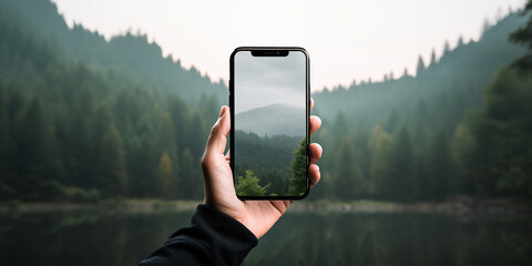 Hand holding smartphone device with nature theme background. Generative AI