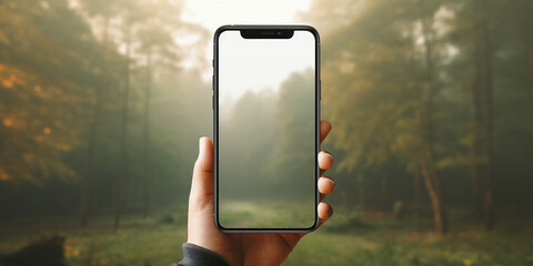 Hand holding smartphone device with nature theme background. Generative AI