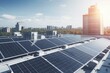 Building rooftop solar panels with energy accumulators. Eco-friendly concept. Generative AI