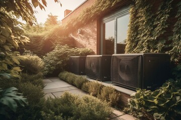 Air source heat pumps installed in modern house garden for renewable energy. Generative AI