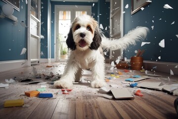 Wall Mural - a playful hyperactive young dog misbehaving and making a huge mess in a living-room, throwing around things and shredding paper. Studio light. Generative AI technology