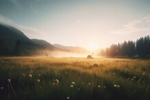 Breathtaking Sunrise Above Scenic Meadow, Emanating Tranquility And Vitality. Generative AI