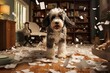 a playful hyperactive young dog misbehaving and making a huge mess in a living-room, throwing around things and shredding paper. Studio light. Generative AI technology