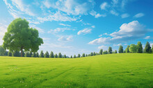 A Green Grass Field With Trees And A Blue Sky, In The Style Of Photo-realistic Landscapes, Cheerful Colors