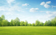 Leinwandbild Motiv a sunny green field with sky background with trees, in the style of blurred, shaped canvas, modern, tranquil gardenscapes, landscape-focused, light-filled