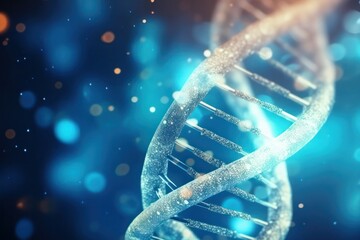Poster - DNA double helix on blue blurry background with sparks genetic code medical research