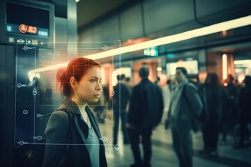 Aufkleber - Redhead woman undergoing face recognition procedure standing on city street biometrical detection