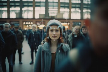 Aufkleber - Face detection technology recognizing young woman in crowd at station biometrical authentication