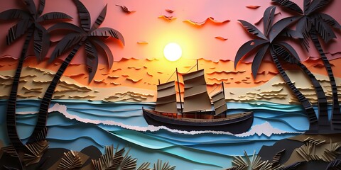 Wall Mural - AI Generated. AI Generative. Sunset island tropical paradise palms sea ocean vacation boat sail poster. Oil draw paint paper watercolor graphic style. Palms trees and sail boat