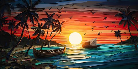 Wall Mural - AI Generated. AI Generative. Sunset island tropical paradise palms sea ocean vacation boat sail poster. Oil draw paint paper watercolor graphic style. Palms trees and sail boat