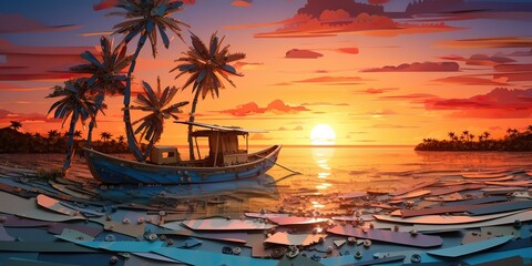 Wall Mural - AI Generated. AI Generative. Sunset island tropical paradise palms sea ocean vacation boat sail poster. Oil draw paint paper watercolor graphic style. Palms trees and sail boat