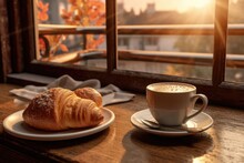 A Cup Of Coffee And A Croissant On A Table Near The Window. Cozy Autumn. Generative AI
