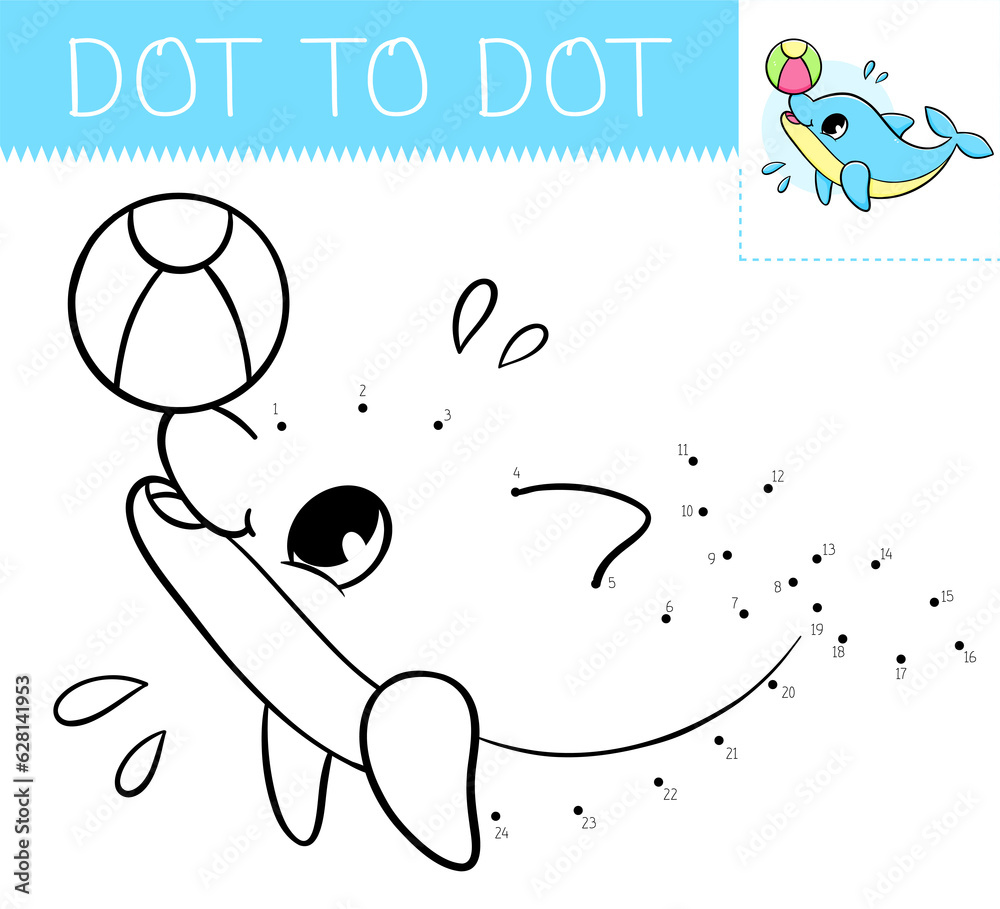 Dot to dot game coloring book with dolphin with ball for kids. Coloring ...