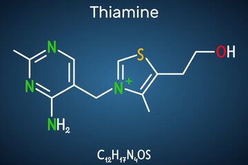 Sticker - Thiamine, vitamin B1 molecule. Found in food, used as a dietary supplement and medication.  Structural chemical formula on the dark blue background. Vector illustration