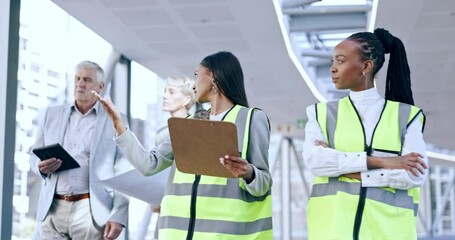 Fototapete - People, architect and team in construction planning with documents and tablet for strategy together in city. Group contractor or engineer in teamwork with floor plan for industrial architecture