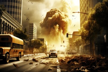 Poster - Tragic nuclear explosion engulfs metropolis in fatal war. A heart-wrenching scene of annihilation.