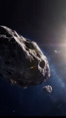Aufkleber - Asteroids gracefully fly through dark blue space, sparking near desert planets in open cosmos.