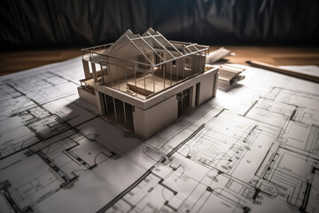 building house on blueprints - construction project. generative ai
