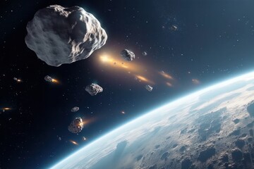 Aufkleber - Asteroids flying across deep dark space rocky celestial bodies over desert planet surface in cosmos