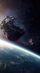 Aufkleber - Cosmic adventure: Asteroids glide through dark, open space, planet earth