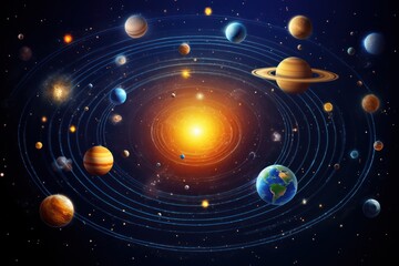 Poster - Alternative Solar system with planets revolving around star along orbits in space darkness