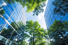 Eco-friendly Building In The Modern City. Sustainable Glass Office Building With Tree For Reducing Carbon Dioxide. Office Building With Green Environment. Corporate Building Reduce CO2.
