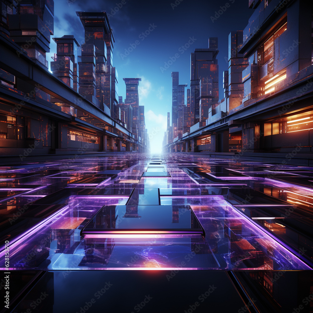 Futuristic Sci Fi Abstract Blue And Purple Neon Light Shapes On Black ...