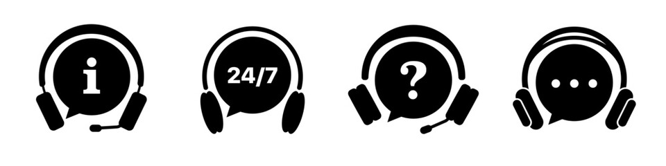 Leinwandbilder - Support service icon collection. Customer service, help chat, assistance, call center icons. Set of black support service with headphones icons