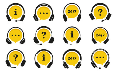 Poster - Support service icon collection. Customer service, help chat, assistance, call center icons. Set of yellow support service with headphones icons