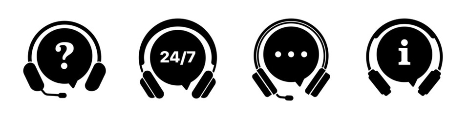 Poster - Support service icon collection. Customer service, help chat, assistance, call center icons. Set of black support service with headphones icons