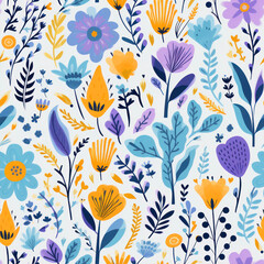 Wall Mural - Seamless pattern with hand drawn flowers and plants.