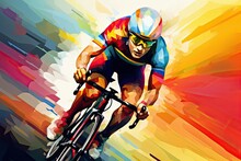 Front View Illustration Of A Male Athlete Cyclist On A Road Bike With Bright Colorful Background.