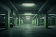 A dark, futuristic underground parking lot with fluorescent lights and concrete walls. Generative AI