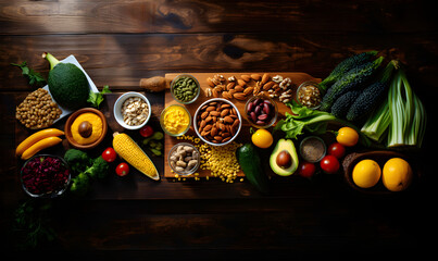 Food background. Ingredients like almond, avocado, corn, in teak bowls on rustic wooden table.
