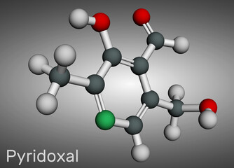 Poster - Pyridoxal molecule. It is form of vitamin B6. Molecular model. 3D rendering