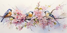 AI Generated. AI Generative. Romantic Beautiful Bird Sitting On Branch Tree. Oil Paint Draw Watercolor Nature Background. Graphic Art