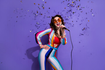 Poster - Photo of carefree cool lady wear striped overall dark glasses singing songs discotheque isolated purple color background