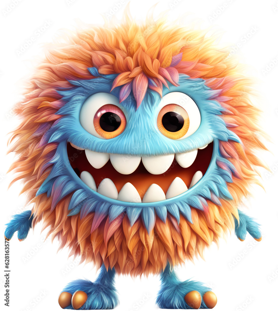 Funny shaggy furry cheerful monster with big eyes and smiling mouth ...