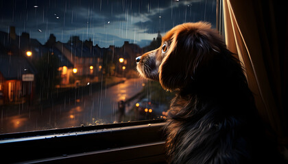 Wall Mural - Beagle dog stars out of a window at night in the rain 