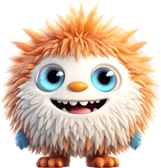 Wall Mural - Funny shaggy furry cheerful monster with big eyes and smiling mouth with big white teeth, isolated on transparent background. Children's cartoon character or cute soft toy. Generative AI
