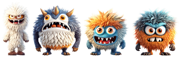 Set of funny shaggy furry angry monsters with big eyes and mouths with big white teeth, isolated on transparent background. Children's cartoon characters or cute soft toys. Generative AI