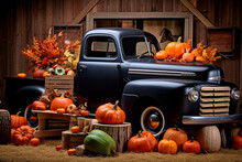 Old Truck On A Farm Full Of Pumpkins