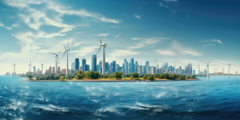 Wall Mural - Wind turbines in the sea against the backdrop of a modern city. Earth Day Generative AI