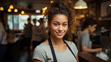 Wall Mural - Portrait of happy woman standing at doorway of her store. Cheerful mature waitress waiting for clients at coffee shop.generative ai