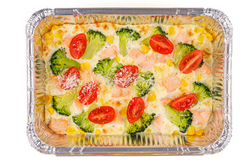 casserole with salmon, mozzarella and broccoli on a white background for a restaurant website 2